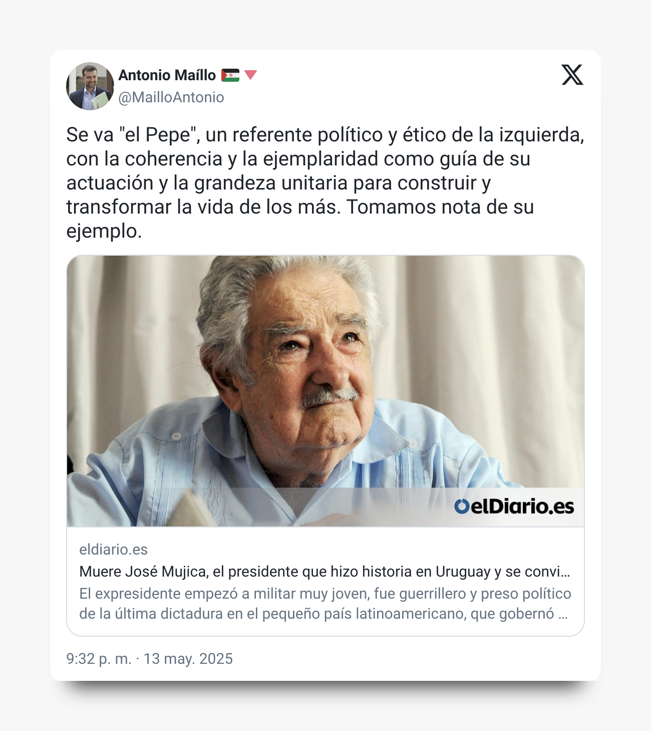 Tweet de Antonio Maíllo sobre Pepe Mujica