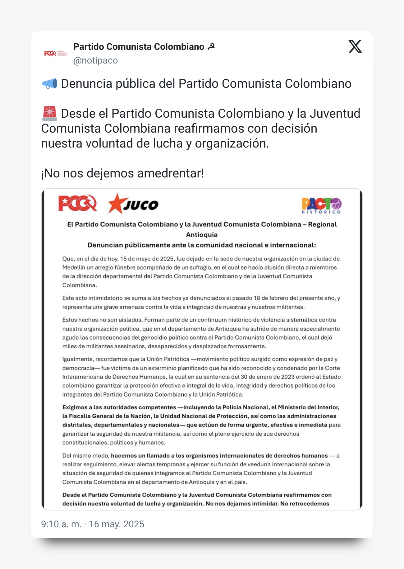 Tweet del Partido Comunista de Colombia