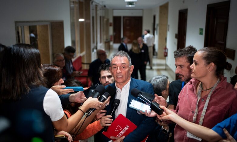 Enrique Santiago durante sus declaraciones a los medios a su llegada esta mañana a la jornada parlamentaria en la que intervino