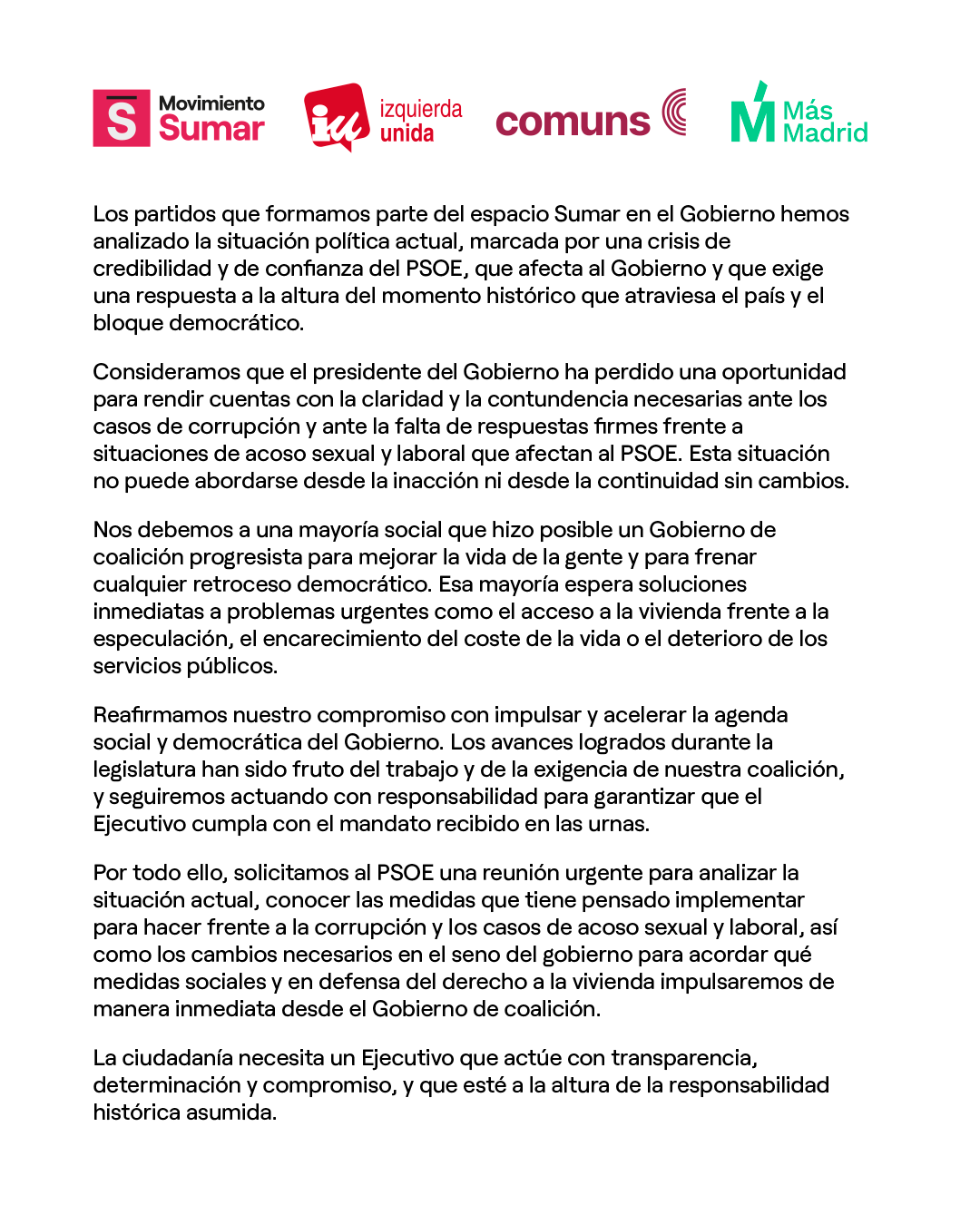 Comunicado ante la crisis de credibilidad y confianza en el PSOE