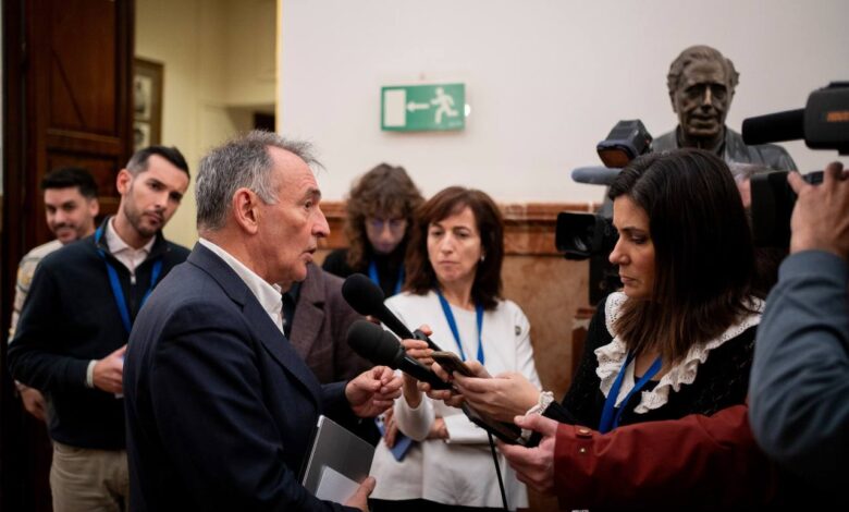Enrique Santiago durante sus declaraciones de hoy a la entrada del Hemiciclo del Congreso