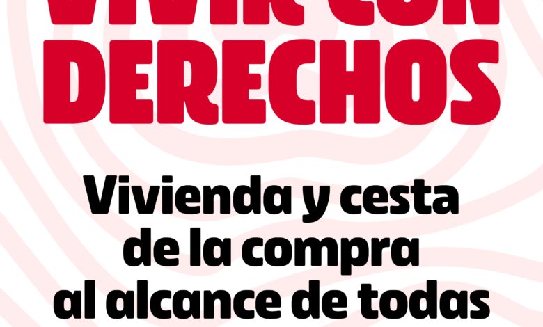 Cartel del acto «VIVIR CON DERECHOS. Vivienda y cesta de la compra al alcance de todas» de Izquierda Unida. Debajo, en pequeño, pone «Sábado 13 de diciembre — Centro Cívico Casa Cuna, Valladolid», acompañado de los logos de IU, Convocatoria por la Democracia, FIM y Ministerio de Cultura.