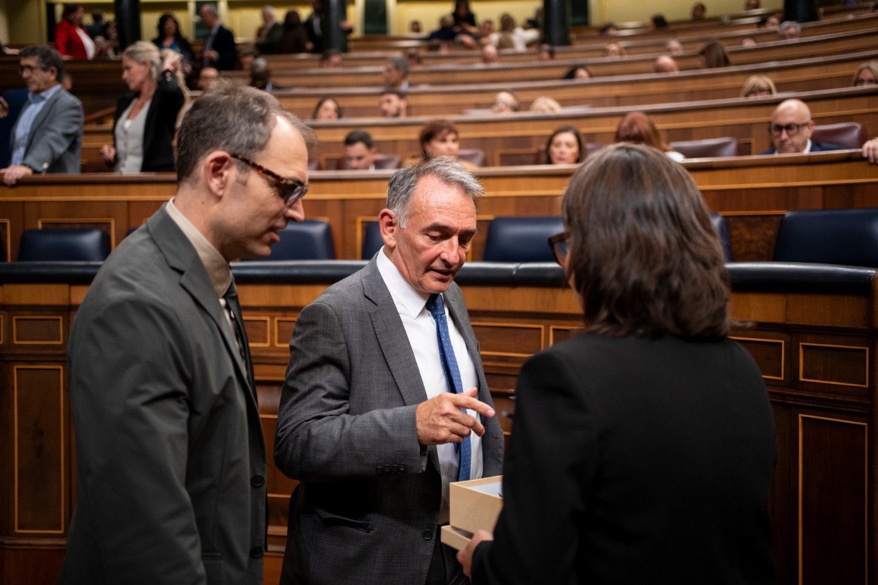 Toni Valero y de Enrique Santiago a su llegada a un reciente Pleno del Congreso